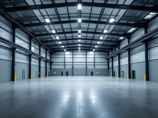 Obraz premium Large empty warehouse interior, spacious industrial space, clean modern architecture, ideal for logistics, storage or distribution hubs