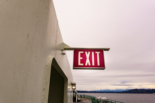 Exit sign by door entry on Puget Sound ferry, Edmonds, WA, USA