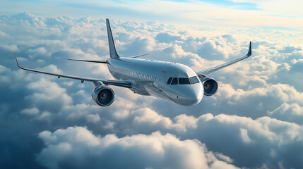 Fototapeta premium Airplane Flying Above the Clouds – Travel and Aviation Concept, airplane, aviation, flight, travel background, jet, blue sky, clouds, commercial plane, flying aircraft, transportation