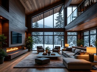 Log cabin living room with double-height ceiling, large window showcasing snowy landscape, furniture in neutral tones, warm brown accents, cozy winter atmosphere, soft lamp lighting, luxurious cabin