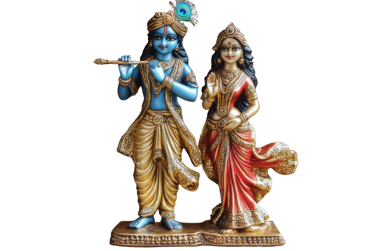 Bronze idols of Radha Krishna made from ancient collections with white background