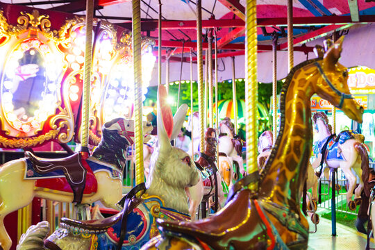 Carousel ride at an amusement park, with carousel horses, gallopers and giraffes and a rabbit.