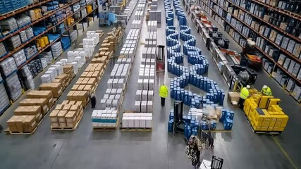 Time-lapse aerial view of warehouse workers arranging boxes into dollar and Bitcoin symbols - Powered by Adobe