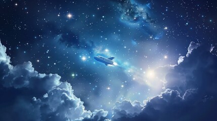 Fototapeta premium Celestial Journey: A spacecraft glides through a stunning cosmos of swirling galaxies, clouds, and sparkling stars, evoking wonder and limitless exploration.