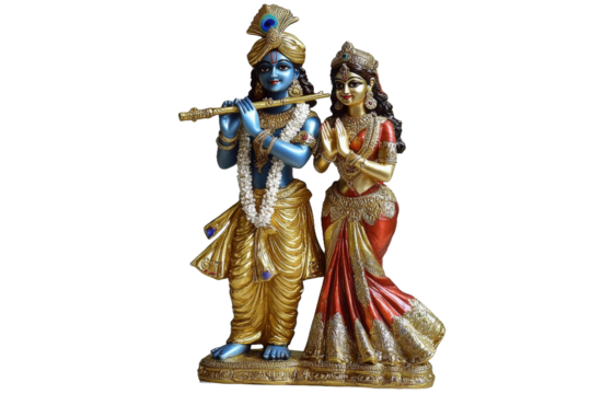 Bronze idols of Radha Krishna made from ancient collections with white background