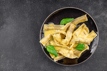 Pappardelle pasta filling main course appetizer vegetables dish fresh delicious gourmet food background on the table rustic food top view copy space  vegetarian and vegan food