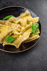 Pappardelle pasta filling main course appetizer vegetables dish fresh delicious gourmet food background on the table rustic food top view copy space  vegetarian and vegan food