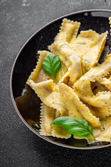 Pappardelle pasta filling main course appetizer vegetables dish fresh delicious gourmet food background on the table rustic food top view copy space  vegetarian and vegan food