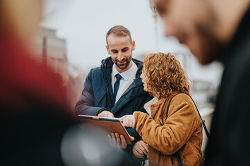 An outdoor scene of two colleagues discussing a project using a digital tablet. Both individuals appear engaged, portraying a business discussion in a natural, collaborative environment.