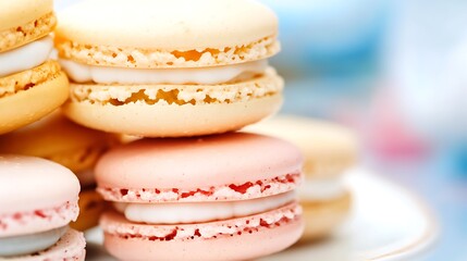 Colorful layered cookies with a creamy filling on a white plate