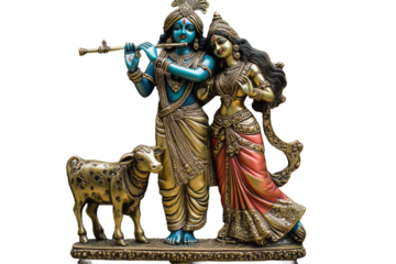 Bronze idols of Radha Krishna made from ancient collections with white background