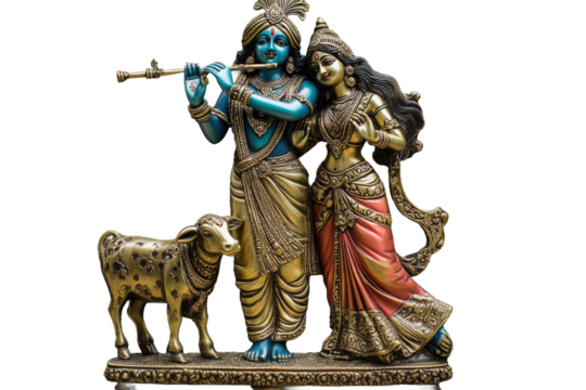 Bronze idols of Radha Krishna made from ancient collections with white background