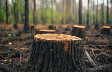 Obraz premium Tree Stumps in Forest Representing Deforestation and Environmental Impact Concept