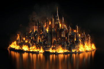 Fototapeta premium A dramatic burning cityscape at night with flames reflecting on the water's surface