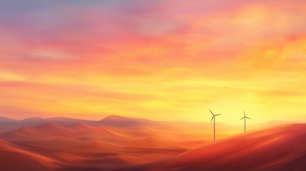 Obraz premium Scenic Countryside with Wind Turbines at Sunset in a Colorful Sky Over Rolling Hills