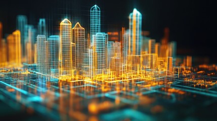 Futuristic city model, digital architecture, glowing lines, urban landscape, high-tech