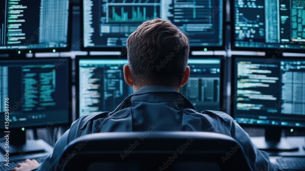 Poster individual analyzing data on multiple computer screens