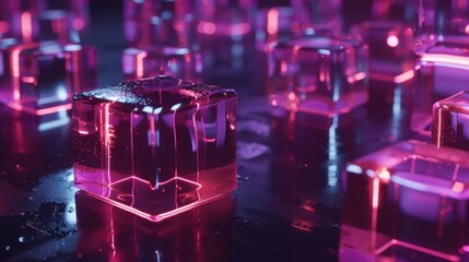 Glowing Cubes: Illuminated cubes in a futuristic scene with a vibrant glow, ideal for designs about technology and abstract concept. 