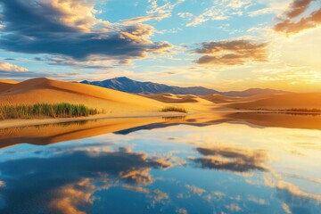 Obraz premium A serene lake surrounded by vast desert landscape and towering mountain peaks