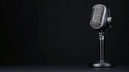 Retro microphone on stand against a black background; ideal for podcast, broadcasting, music, and vintage concepts.