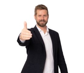 Young happy caucasian businessman smiling while giving handshake isolated over transparent background. PNG transparent