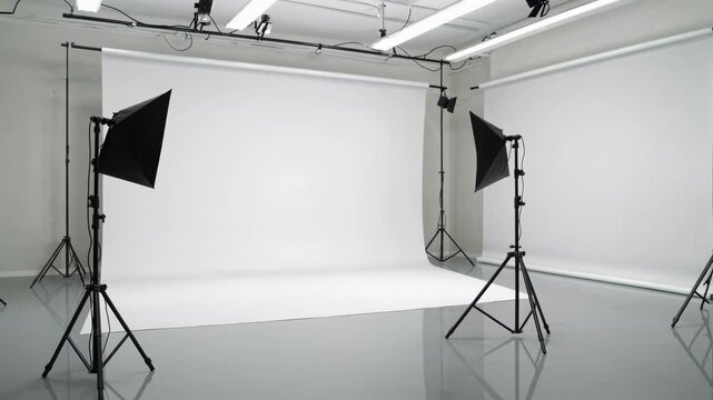 Wide-angle shot of a professional photo studio setup with softbox lights and a seamless white backdrop, ideal for video production and photography.