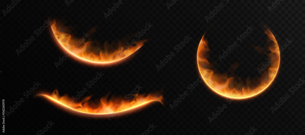 Poster set of curved fire trails and glowing arcs with flames on transparent background. ideal for magic ef