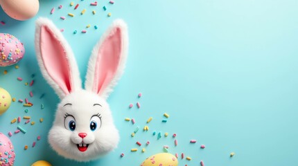 Obraz premium Happy Easter composition for easter design. Elegant Easter eggs and spring flowers on mint background. Flat lay, top view, copy space.