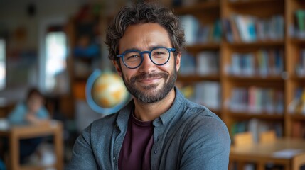 Fototapeta premium Smiling Male Teacher with Curly Hair and Glasses Standing in Classroom for Educational Campaigns, School Promotions, and Teacher Appreciation Visuals in Natural Classroom Lighting 