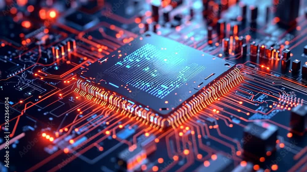 Poster exploring advanced technology in microchip design with glowing circuit patterns