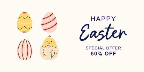 Happy Easter horizontal banner with 4 Easter Eggs on beige background. Design with text for discount. Happy Easter hand drawn card. Flat illustration with partial outline. Vector illustration.