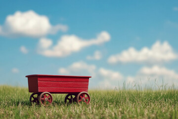 Red Wooden Wagon on Green Grass Under Blue Sky. For National Little Red Wagon Day. With empty copy sapce.