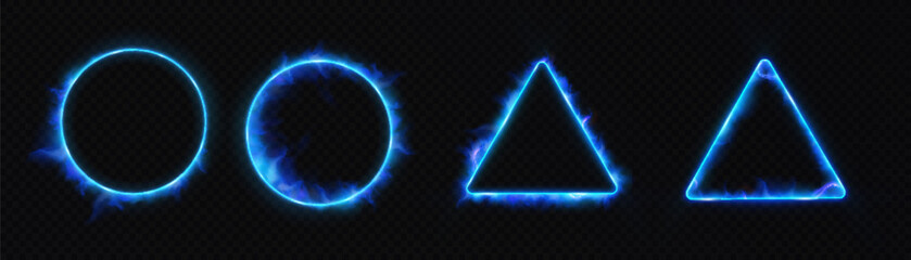 Set of glowing geometric shapes made of fire — triangle and circle with burning edges on dark background. Perfect for fantasy spells, game UI, magic portals, or elemental visual effects.