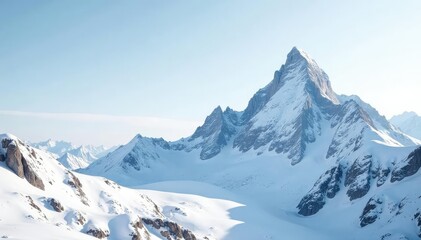 Snow-covered mountain peak against pristine white sky, panorama, peaceful, pure