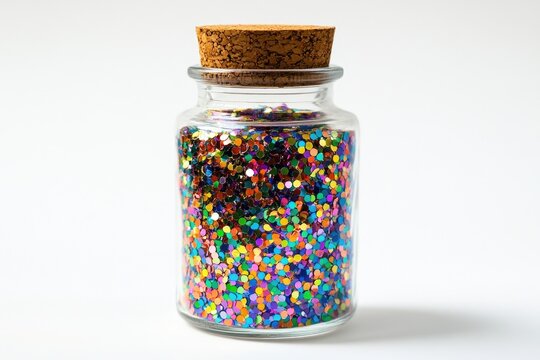 Colorful confetti sprinkles in a glass jar, great for party decor or crafting