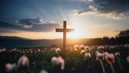 Un campo de flores y un sol naciente enmarcan una cruz distante, simbolizando el renacimiento espiritual y la Resurrección