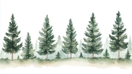 Obraz premium Watercolor pine trees background. Banner with hand painted evergreen forest Snow winter wonderland illustration. Watercolor winter evergreen pine tree isolated on a white background