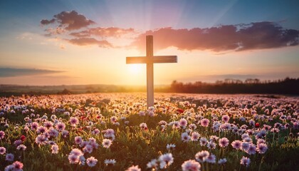 Un campo de flores y un sol naciente enmarcan una cruz distante, simbolizando el renacimiento espiritual y la Resurrección