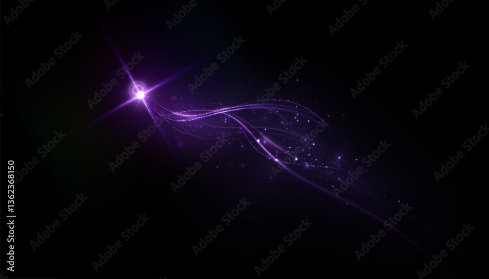 Aufkleber Glowing purple light stream with sparkling particles and starbursts on a dark background. For compositions, energy effects, digital art or motion visual effects.