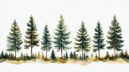 Obraz premium Watercolor pine trees background. Banner with hand painted evergreen forest Snow winter wonderland illustration. Watercolor winter evergreen pine tree isolated on a white background