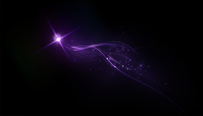 Glowing purple light stream with sparkling particles and starbursts on a dark background. For compositions, energy effects, digital art or motion visual effects.