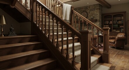 Obraz premium Wooden staircase leads to cozy reading nook in a rustic home setting