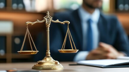Justice scales positioned prominently in a law office setting with a lawyer in the background preparing for a consultation