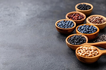 Diverse assortment of healthy seeds and grains on a dark textured surface in a natural light setting