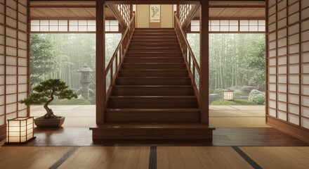 Obraz premium Beautiful wooden staircase in a traditional Japanese house surrounded by a serene garden