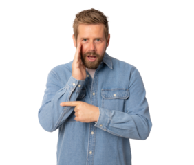 Young handsome man with beard wearing casual denim shirt over transparent background hand on mouth telling secret rumor, whispering malicious talk conversation