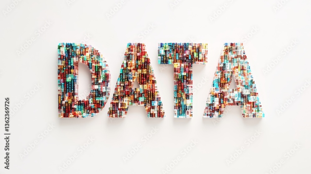 Poster vibrant data typography from colorful binary code and technology, white background, studio shot