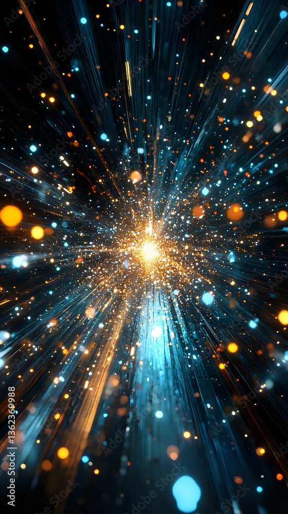 Poster bright explosion of light with radiating blue and golden rays creating dynamic motion effect against