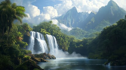 Naklejka premium Paradise Waterfall: Experience the stunning beauty of a cascading waterfall in a lush, vibrant paradise. The water gushes down, creating a picturesque and refreshing scene.