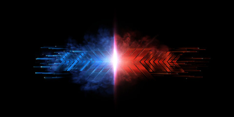 A futuristic composition with blue and red hands facing each other, combined with a luminous central flash and digital movement elements. © Valeriia